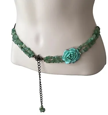 Vintage Metal Chain Belt Turquoise Color Stones Large Rose Detail Sz 30-37” • $17.99