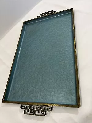 Kyes Moire Glaze HM Server Tray MCM Metal Enamel Peacock Teal Blue Scroll Handle • $39.99