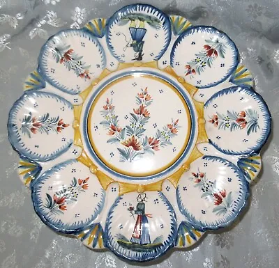 French Oyster Dish Platter Henriot Quimper Majolica 8 Shells With Pedestral • $185