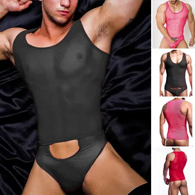 INCERUN Mens Sleeveless Hollow Out Mesh Vest Panties Leotard Bodysuits Underwear • £10.44