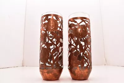 Vintage Mexico Pierced Openwork Copper Overlay Sleeve 7  Glass Tumblers Highball • $62.30