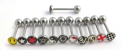 Surgical Steel Logo Tongue Bars 1.6m Straight Barbell Disc Balls Body Jewellery • £2.99