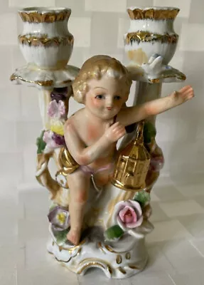 Vintage Double Light 6  Taper Candle Holder CHERUB CUPID Floral Gold Accents  • $10.49