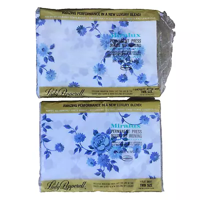 Vintage Lady Pepperell Miralux Twin Flat And Bottom Sheet Set Blue Floral • $89.97