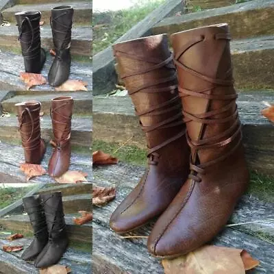 Mens Medieval Viking Boots Leather Casual Reenactment Cosplay Stage Boots Women • $42.99