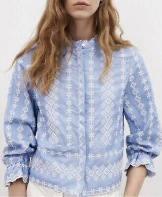 $25 • Buy Zara Blue And White Embroidered Blouse Sz XXL