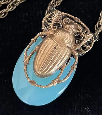 Scarab Necklace Egyptian Revival Brass Beetle & Vintage Minty Aqua Glass Pendant • $28