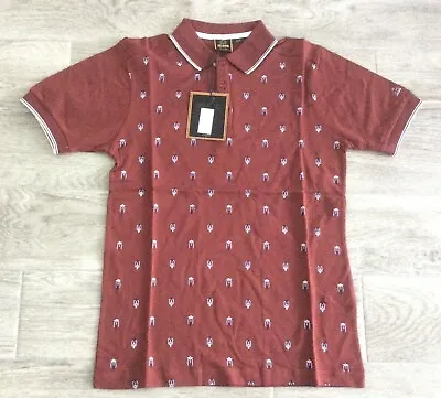 Mens Merc London Retro All Over Scooter Cotton Polo Shirt Burgundy / Wine Size S • £25