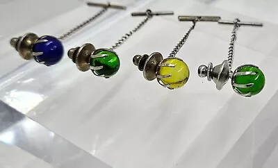 Vintage Tie Tack With Chain Silver Tone Green Yellow Blue Glass Ball Lot Of 4 • $14.99