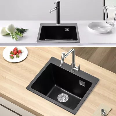 Inset Undermount Kitchen Sink Black Quartz Stone Single Bowl With Drainer Waste  • £129.95