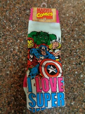 Marvel Comics I Love Superheroes Socks (9-13) Light Blue NWT Unisex One Size New • $13.49