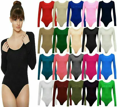 Women' Scoop Neck Plain Leotard Top Ladies Long Sleeve Dance Party Bodysuit Top  • £6.49