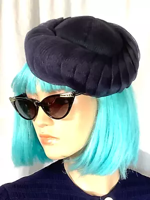 Vintage Horsehair Pillbox Hat Navy Blue Reggi Wiltshire 50s Synthetic Straw Crin • $19.99