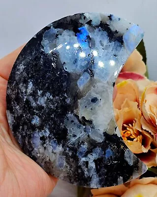 Rainbow Moonstone Moon Carving Tourmaline Blue Flash Crystal • £28