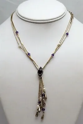 QT Quoc Trading Heishi Bead Lariat Necklace 3 Strand Amethyst Pearl 16  - 20  • $55.90