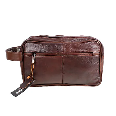 £19.90 • Buy Large LEATHER WASH BAG Zipped Sections Cowhide Toiletries Toiletry Travel AR