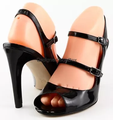 $198 VIA SPIGA ROSEANNE Black Patent Leather Designer Heels Sandals 8.5 • $62.99