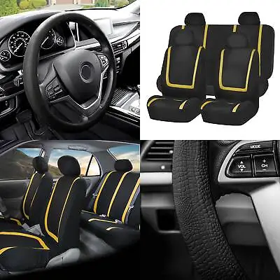 Flat Cloth Car Seat Cover Full Set Yellow W/Black Silicone Steering Wheel Cover • $42.99