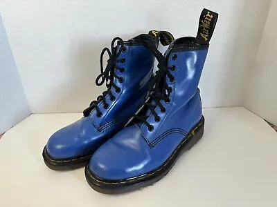 Vintage DR. DOC MARTENS Blue Leather Made In England Combat Boots US 6? 8 Hole • $95