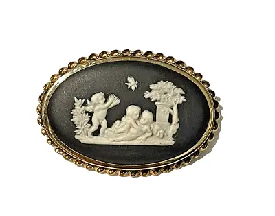 2 1/4  REDUCED Vintage Oblong Wedgwood Black Jasperware Cherubs Gold Filled PIN • $64.99
