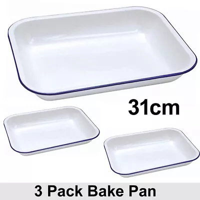 3x Falcon Traditional Enamel 31cm Oblong Bake Pan Baking Roasting Tray White • £34.99