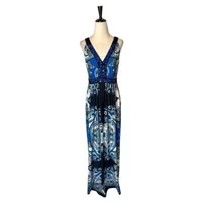 Eci New York Dress Womens 6 Blue And Black Paisley Beaded V Neck Tie Back Maxi • $31.44