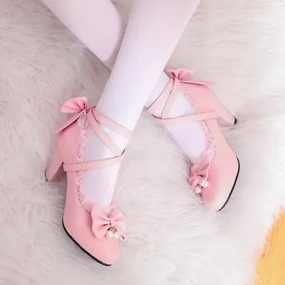 Women Sweet Girls Lolita Bowknot Cross Ankle Strap Mary Jane Fashion Court Shoes • £32.39