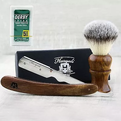 Men's Shaving Brush With Synthetic Hair & Round Straight Razor + FREE 5 BLADES • £18.59