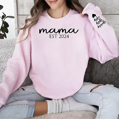 EST Year Mama Sweatshirt With Kids Name On Sleeve Personalised Mum Sweatshirt • £19.99