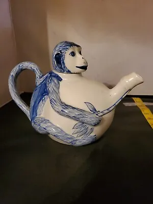 Monkey Teapot Blue & White Bamboo And Floral Decor • $29.99