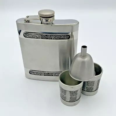 Mullingar Flask Pewter Shot Glasses W/ Funnel Set Made In Ireland Celtic Design • $42.50