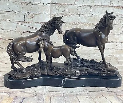 Signed Mene 3 Standing Horses Marble Base Art Figurine Bronze Sculpture Statue • $599