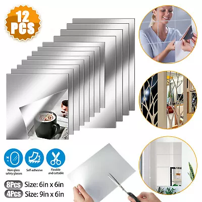 12PCS Self Adhesive Mirror Reflective Wall Sticker Film Paper Home Kitchen Decor • $9.48