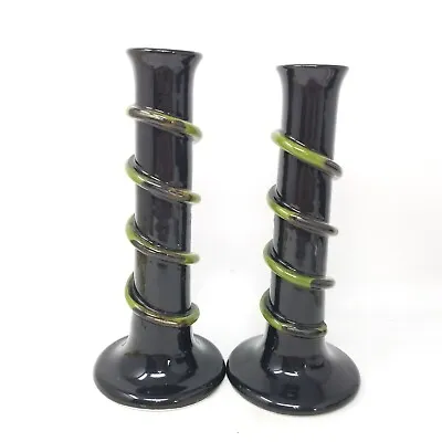 2 Vietri Candlestick Vase Ceramic Black Green Applied Rope Art Pottery MCM ITALY • $5