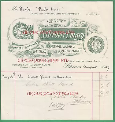 Middlesex - STAINES S. Herbert Emary  Billhead Watch & Clock Maker   1937 • £6