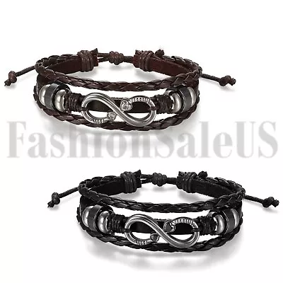 Mens Women Love Heart Infinity Symbol Leather Beads Bracelet Promise Cuff Bangle • $8.99