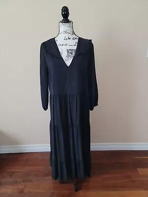 Zara Maxi Dress Womens Size Large Oversized Boho Tiered Textured Long Sleeve EUC • $28