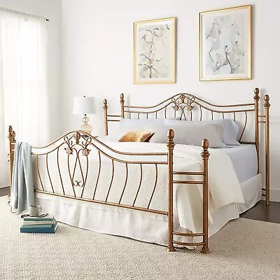 Antique Gold King Size Metal Headboard Footboard Vintage Bed Decor Floral Swirl • $390.90