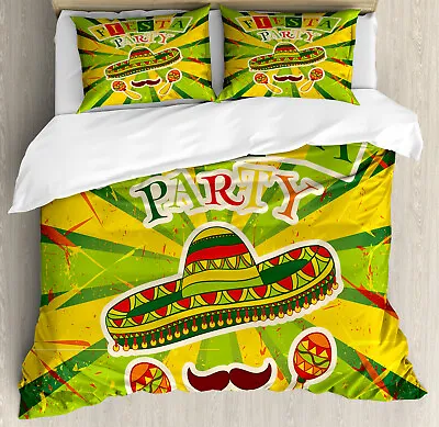Fiesta Duvet Cover Set With Pillow Shams Maracas And Mustache Print • $69.99