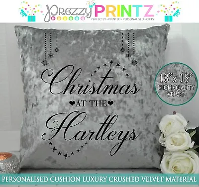 £20.99 • Buy Personalised Cushion Christmas At The Family Grey Silver Crushed Velvet Gift 