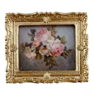 Dolls House Miniature Bunch Of Pink Roses Painting Gold Frame • $3.99