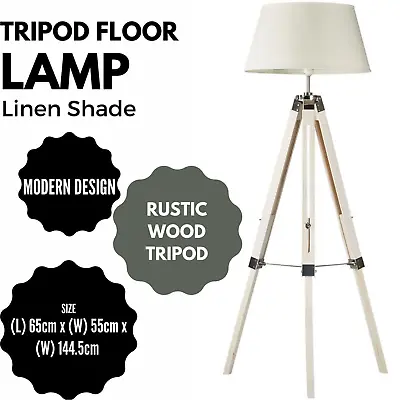 $105 • Buy LARGE TRIPOD FLOOR LAMP Linen Shade Modern Light Retro Vintage Wooden