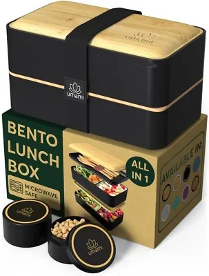 Bento Box Adult All-In-1 W/ 4 Utensils Real Bamboo Microwave & Dishwasher Safe • $17.95