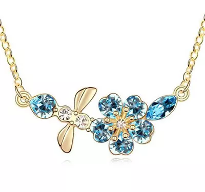 Wholesale Gold Cubic Zirconia Sky Blue Crystal Flower Pendant Necklac • $0.66