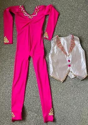 Girls Dance Costume 2 Piece Pink Silver Catsuit Waistcoat - Tap Modern Age 7-9 • £10.99