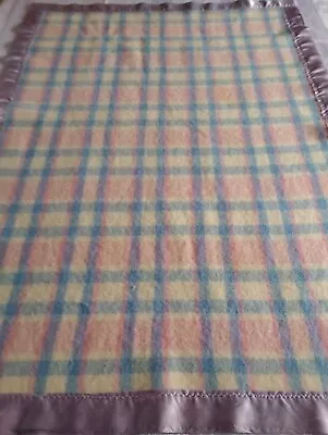 Vintage Warrnambool Wool Baby Blanket Pink Blue Cream Mauve Satin Bound 107x74cm • $30