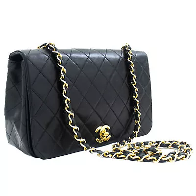 CHANEL Full Flap Chain Shoulder Bag Black Quilted Lambskin Purse J65 • $4190