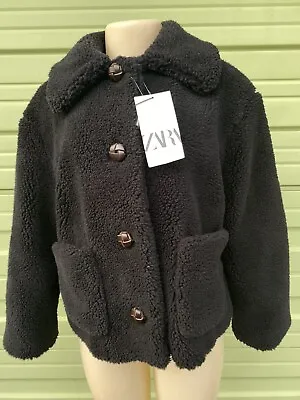 New ZARA Womens FAUX FUR SHEARLING COAT BLACK Teddy Size S • $36.54