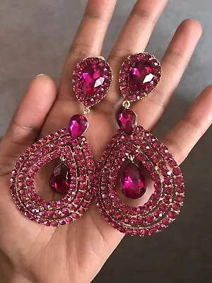 3.75” Huge Long Pink Fuchsia Dangle Pageant Rhinestone Crystal Earrings Clip On • $18