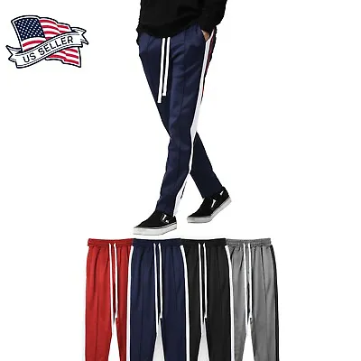 Mens Techno Track Pants Jogger Sweat Hip Hop Poly Side Ankle Zip Long Drawstring • $31.99